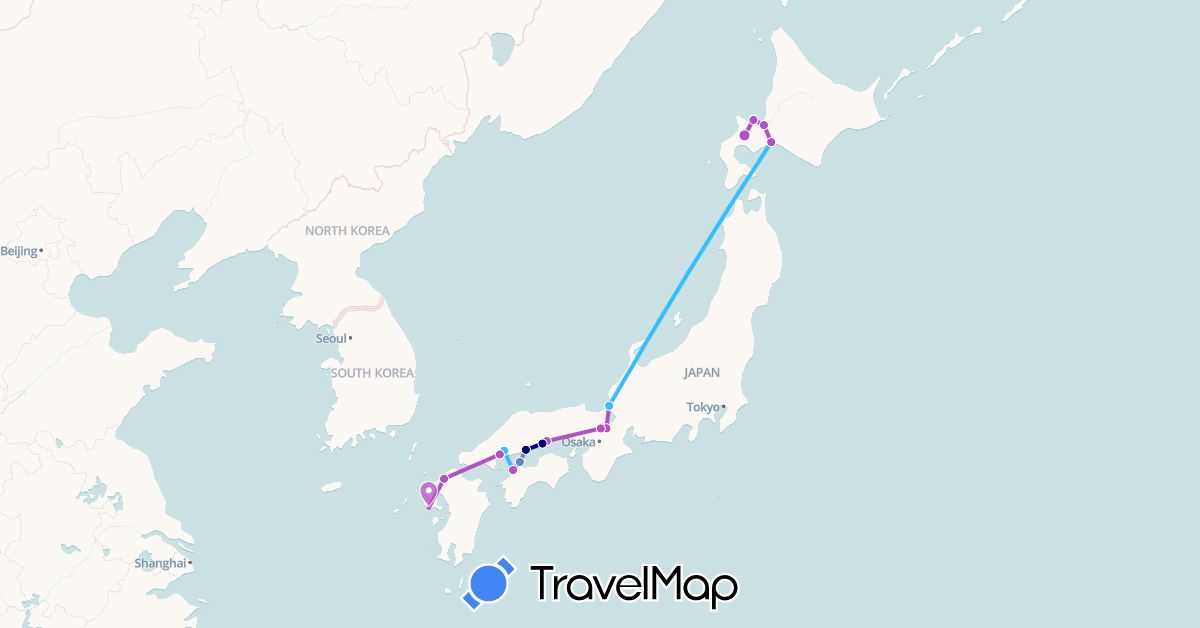 TravelMap itinerary: driving, cycling, train, boat in Japan (Asia)
